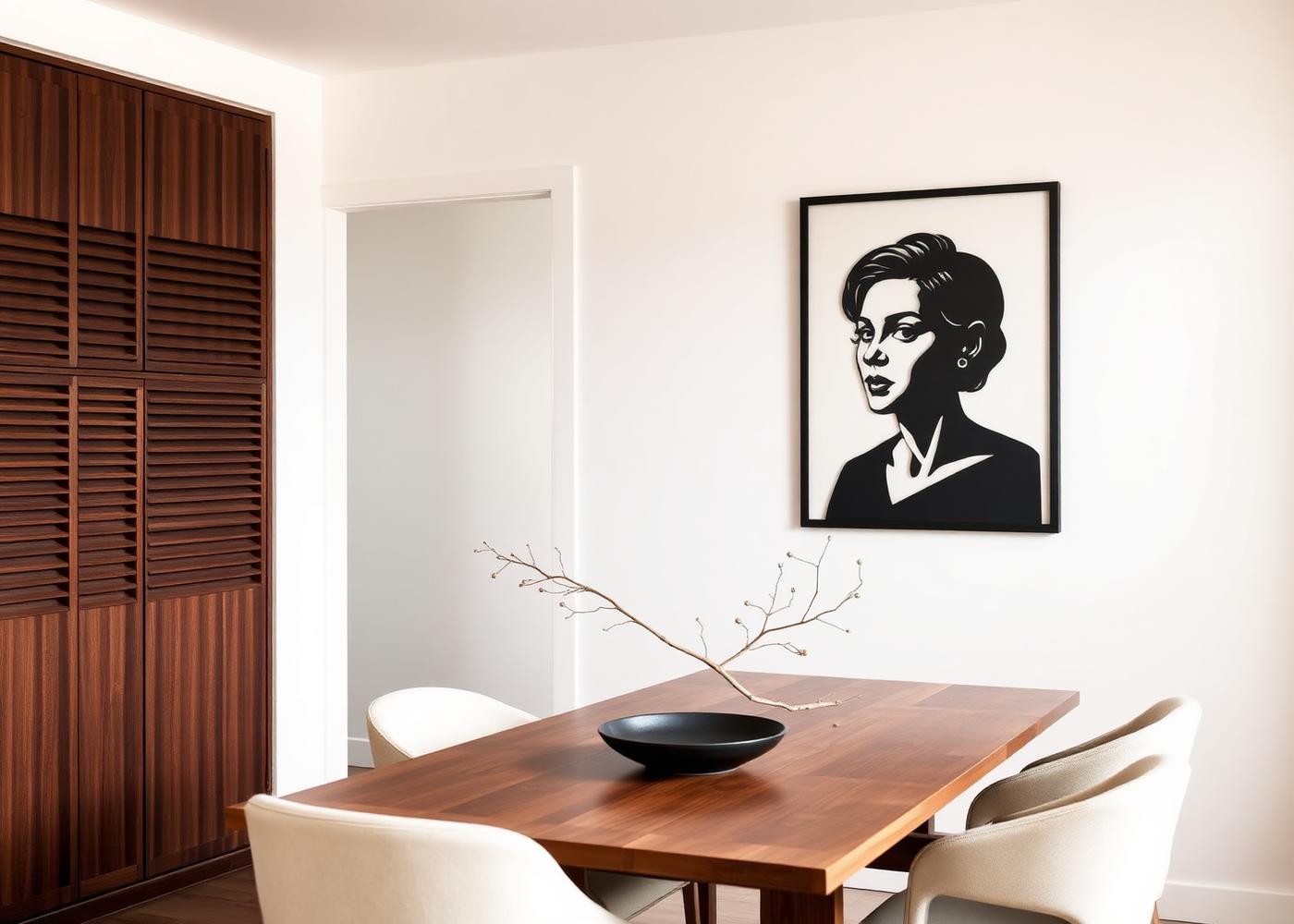 Dining room interior with a black metal portrait artwork on a warm white wall