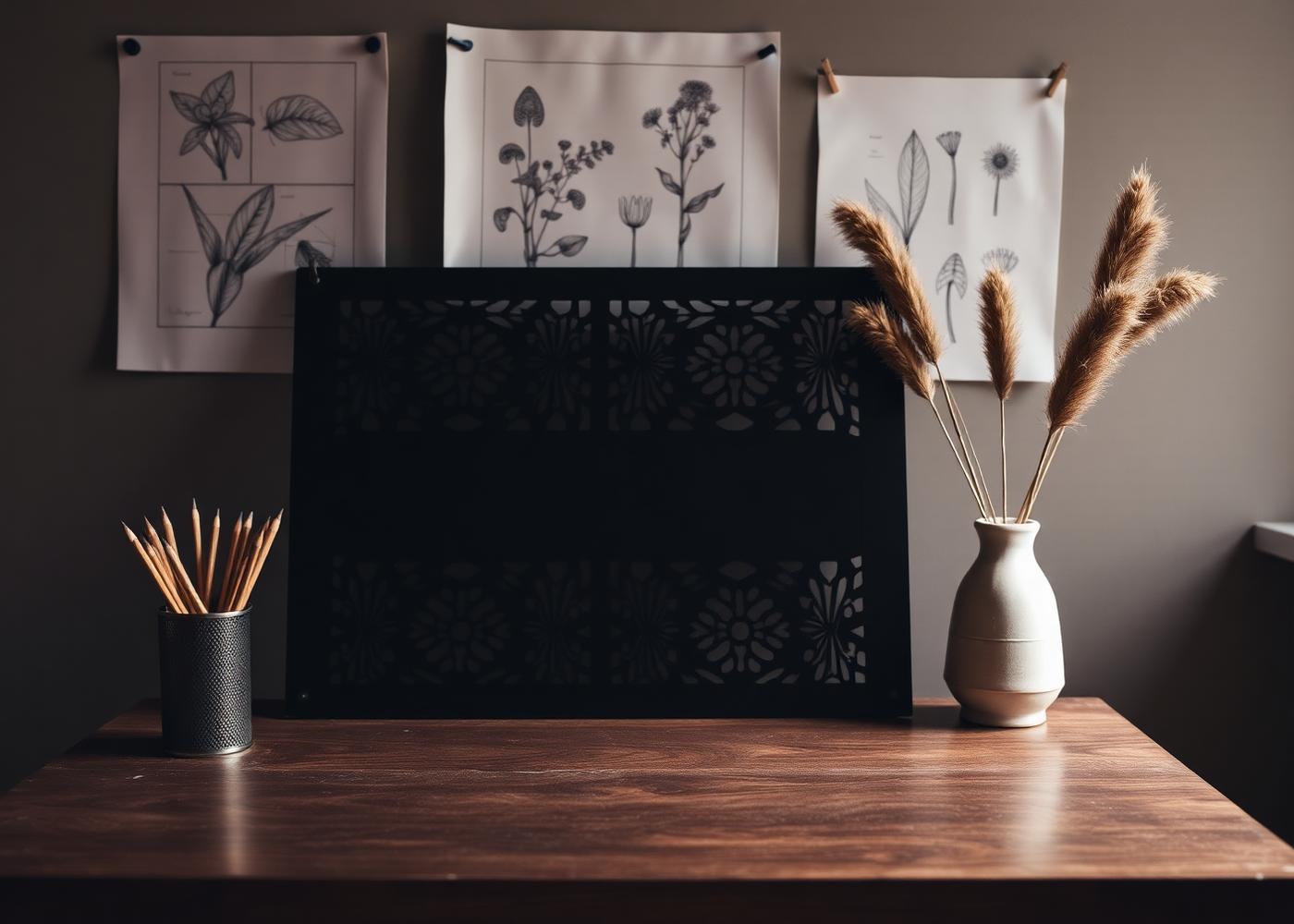 Nordida studio table with botanical line drawings and a laser-cut metal panel