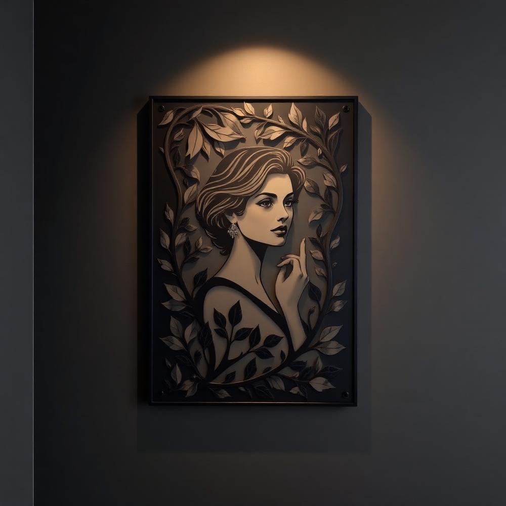 Black metal wall panel of a woman's portrait framed by botanical linework on a dark wall