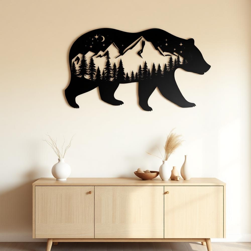 Black metal bear silhouette filled with forest and mountain linework above an oak sideboard